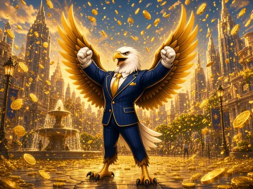 Eagle in a suit cheering as gold coins rain over a city plaza