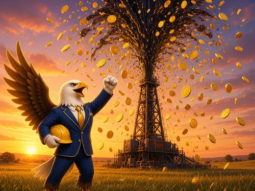 Oil gusher turning into a fountain of gold coins
