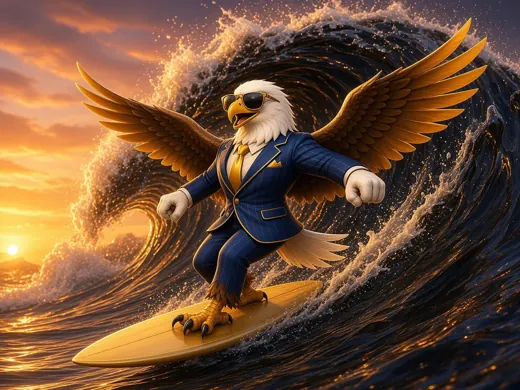 Eagle in sunglasses surfing a wave of crude oil
