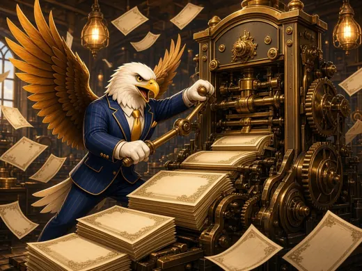 Eagle operating a brass press printing blank checks