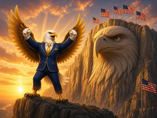 Eagle on a cliff beside a giant eagle head carved in rock