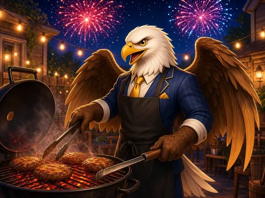 Eagle grilling burgers under fireworks