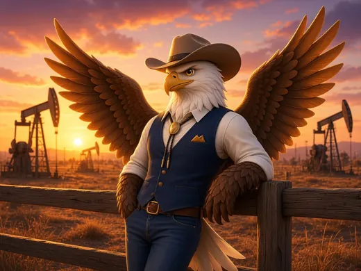 Eagle in a cowboy hat at a Texas oil field