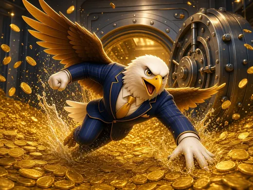 Eagle diving into a vault full of gold coins